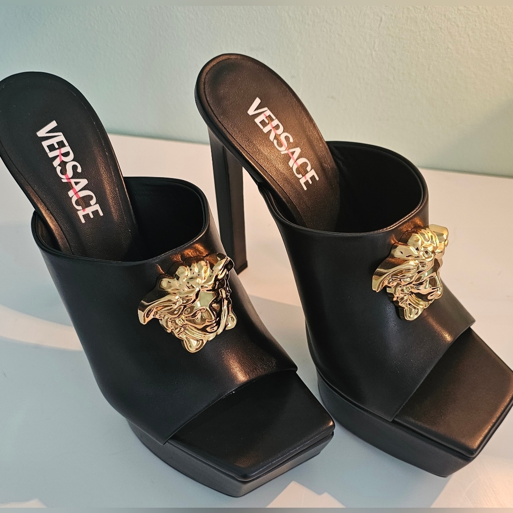 Versace La Medusa Gold 140MM Leather Platform Mules/Sandal Black Size 38/5 - Picture 13 of 16